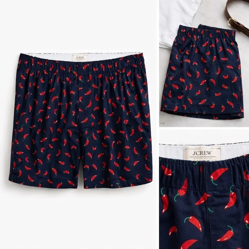 J.Crew Men’s Boxer Shorts Woven Medium Navy Chili Pepper Print Cotton Poplin NWT